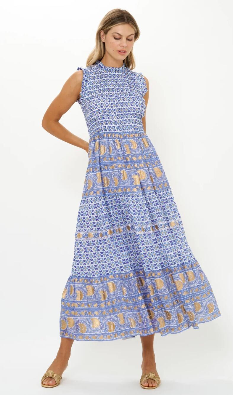 OLIPHANT Tuckernuck Sleeveless Smocked Maxi Dress Veranda Blue Gold Print NEW XS